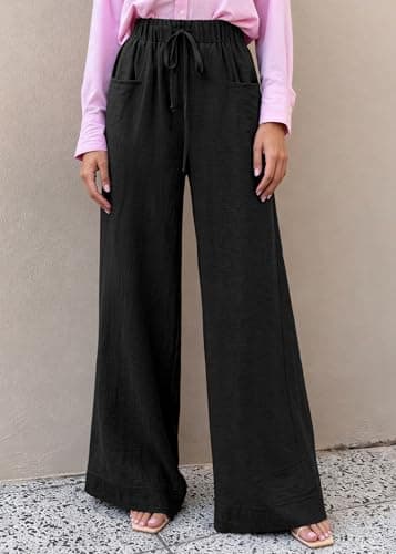 KIRUNDO Wide Leg Palazzo Pants for Women Summer High Waist Flowy Casual Trousers Lounge Pants Beach Vacation Travel Outfits (Black, Large) - Thumbnail 2