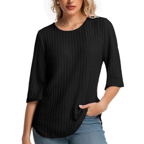 MAGICATELIER Women Fall Sweaters 3/4 Sleeve Loose Fit Tunic Tops Crewneck Dressy Casual Oversized Business Blouses 2026 Black - Image 1
