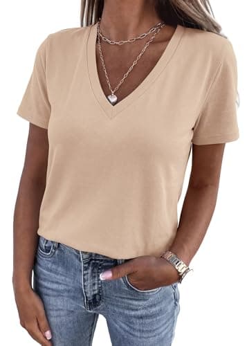 KIRUNDO V Neck T Shirts for Women Summer Tops Oversized Spring Short Sleeve Casual Basic Tees Tunic Blouse Fashion Clothing(Beige Apricot, Medium) - Image 1