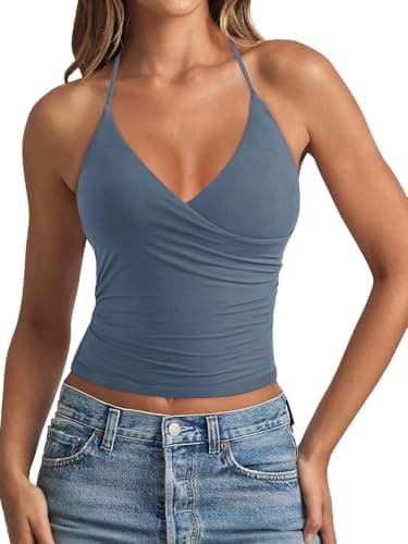 REORIA Women's Basic Cross Over Wrap V Neck Backless Double Lined Going Out Halter Tank Tops Y2k Cute Summer Trendy Sleeveless Shirts Dusty Blue - Image 1