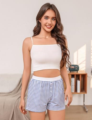 Frcdaunrs Sleep Shorts for Women Gingham Shorts Summer Casual Button Front Boxers Y2k Plaid Pajama Bottoms Blue Plaid L - Thumbnail 4