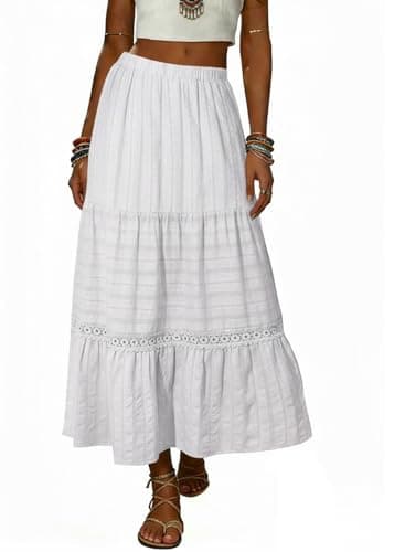 BLENCOT Long Skirts for Women Hight Waisted A Line Pleated Skirt Boho Crochet Lace Maxi Skirt Beach Vacation Clothes Trendy 2026 White X-Large - Image 1