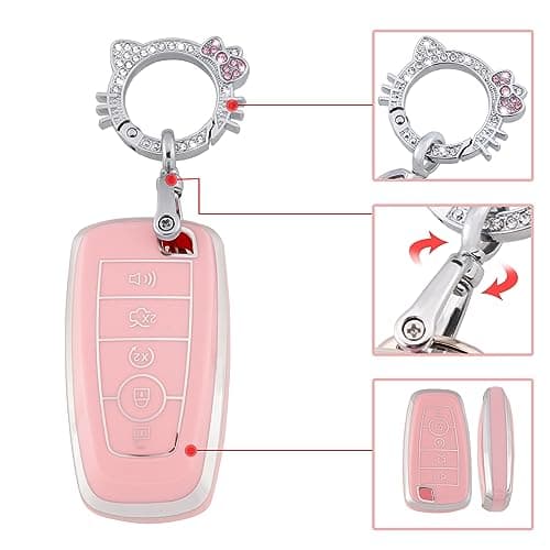 Pangpai Pink Key Fob Cover for Ford, Soft TPU Key Case Protection with Bling Keychain Fit for Edge Escape Expedition Explorer Fusion Mustang Ranger F-150 F-250 - Thumbnail 4