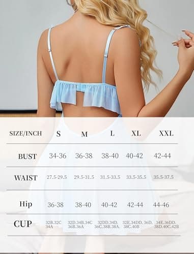 Avidlove Sexy Push Up Lingerie for Women Sheer Lace Babydoll Chemise Sleepwear Light Blue M - Thumbnail 6