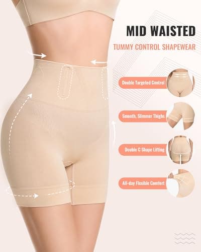 ForeverShaper Tummy Control Shapewear for Women, Seamless Shapewear Thigh Slimmers for Under Dresses, Mid-Waist Girdle Body Shaper Shorts - Thumbnail 2