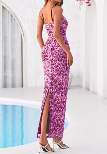 BTFBM Womens Maxi Dress 2026 Spring Floral Sexy Spaghetti Straps Sleeveless Bodycon Summer Beach Wedding Guest Dresses(Dark Purple Print, X-Small) - Thumbnail 3