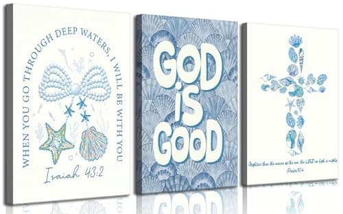 3Pcs Coastal Christian Canvas Wall Art Coastal Granddaughter Blue Seashell Bible Verse Pictures Wall Decor Preppy Christian Scripture Aesthetic Posters Prints for Girly Bedroom Dorm 12x16in - Image 1