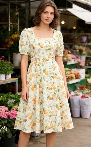 Belle Poque Apricot Floral Milkmaid Cocktail Party Wedding Guest Dress 2026 Summer Short Puff Sleeve Midi Sundress M - Thumbnail 5