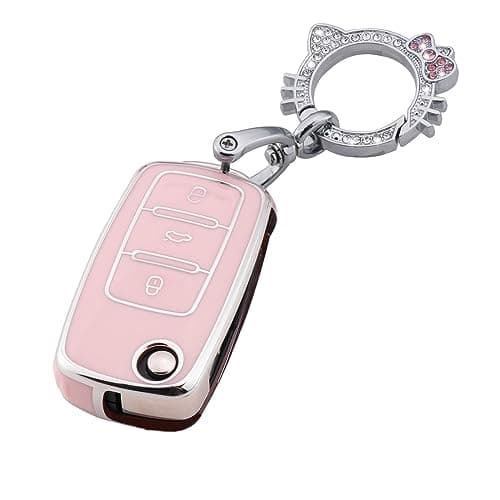 Pangpai Pink Key Fob Cover for VW Volkswagen,Soft TPU Key Case Protection with Bling Keychain Fit for Jetta Golf Polo MK6 Passat Tiguan Beetle - Image 1