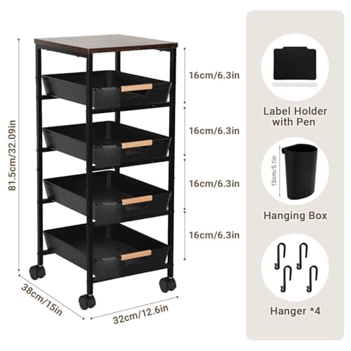 Aukivon Fruit Vegetable Cart for Kitchen, 5-Tier Storage Cart on Wheels with Wood Top, Pull Out Drawers, Rolling Storage Cart for Bedroom, Bathroom, Includes Hanging Box, Hooks and Labels, Black - Thumbnail 3