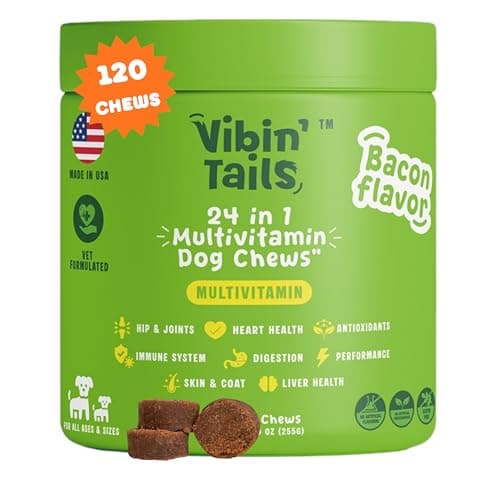 Vibin’ Tails 24-in-1 Dog Multivitamin, Glucosamine Chondroitin Hip & Joint Support, Probiotics & Omega-3, Skin & Coat - Puppy & Senior Chewable Dog Vitamins & Supplements Vet Formulated - 120ct Bacon