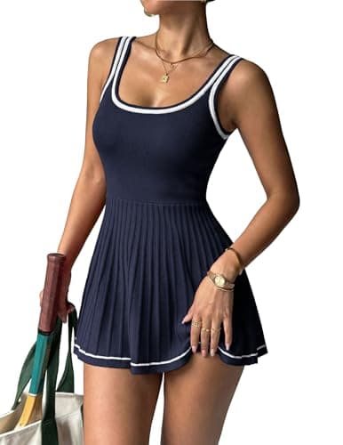 LOOKBOHO Women's Tennis Dress Knitted Golf Workout Exercise Activewear Navy Blue L - Image 1