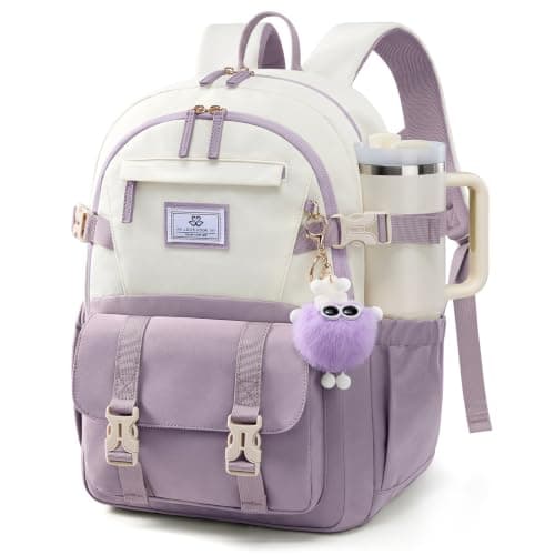 LOVEVOOK School Backpack for Teen Girls, Bookbag for 8-16 Student, Middle High College Back to School Cute Kids Backpack, 15.6 Inch, Purple-beige