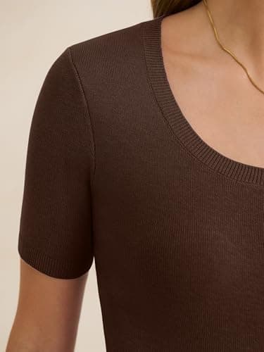 ANRABESS Womens Short Sleeve Sweaters Wool Blend Summer Scoop Neck Casual Business Knit Shirts Slim Fit Work Tops Outfits Chocolate Brown Small - Thumbnail 2