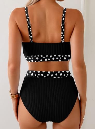 Herseas Women's Textured Black Bikini Sets Polka Dots Trim Scoop Adjustable Spaghetti Straps Swim Suits 2026 High Waisted Bathing Suits Modest Cruise Essentials X-Small - Thumbnail 2