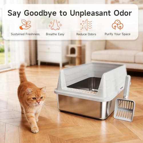 Stainless Steel Cat Litter Box, Odor Free Metal Litter Box with High Sides Lid, Open Top Low Entry Litter Pan Include Scoop Easy Cleaning Anti-Scratch Kitty Cat Box Anti-Urine Leakage, Non-Sticky, M - Thumbnail 3