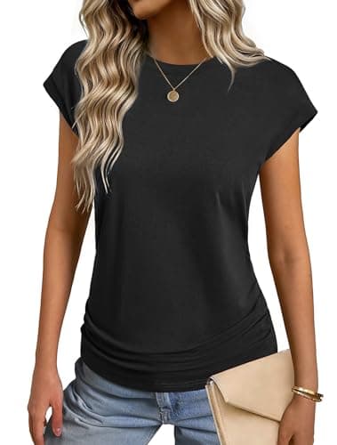 GKBK Womens Summer Tops Trendy 2026 Ruched Cap Short Sleeve Shirts Crew Neck T Shirts Fashion Black M - Image 1