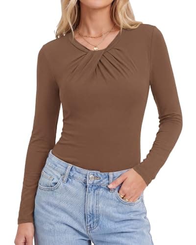 KIRUNDO Long Sleeve Tops for Women Business Casual Outfits Slim Fitted Knit Twist Knot Work Office Shirt Blouse Going Out Top(Brown, Medium) - Image 1