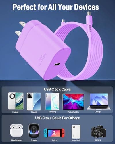 Type C Charger Fast Charging, 6.5FT/2M USB C Charger Fast Charging for Samsung S25/S24/Plus/Ultra, PD 3.0 GaN Type C Charging Block Compatible with iPhone 17/16/15 and More (Purple, 2 PCS) - Thumbnail 4
