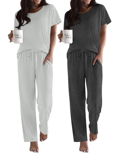 Ekouaer 2 Pack Pajamas for Women Set Short Sleeve Sleepwear Top and Pants Pjs Soft Printed Lounge Sets with Pockets Grey Striped/Deep Grey XX-Large - Image 1