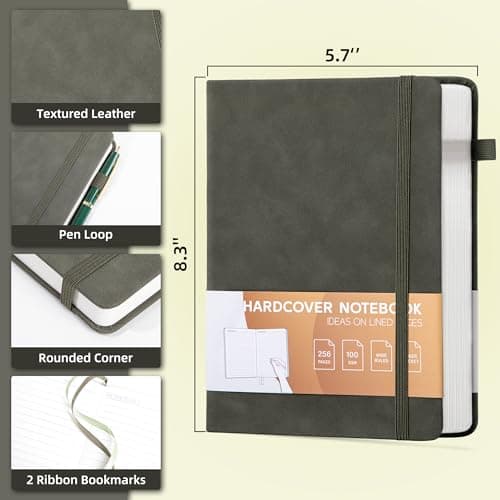 MINICAGIE Lined Journal for Women Men 256 Pages 100 Gsm Thick Textured Leather Journaling Notebooks for Writing A5 Wide Ruled Hardcover Notebook for Work School Note Taking, 5.7 x 8.3 In, Green - Thumbnail 6