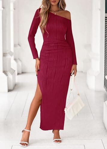 Lazysmile Womens Long Sleeve Maxi Dresses Off Shoulder Bodycon Cocktail Formal Wedding Guest Slit Long Dress Fall Outfits Red - Thumbnail 4