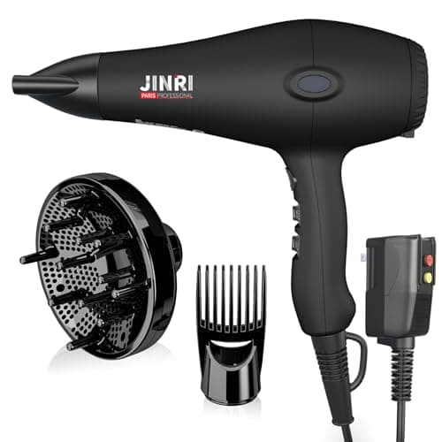 Hair Dryer - JINRI 1875W Diffuser Blow Dryer for Salon & Personal Use – Powerful, Fast Drying with Diffuser & Nozzle and Comb for Women & Men, ALCI Safety Plug, Black-Blue - Image 1