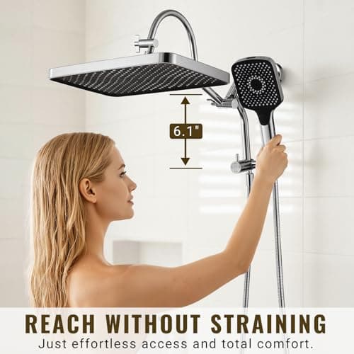 13 Inch Rainfall Shower Head with Multi-Function Handheld Sprayer Combo, 3-Way Metal Extended Diverter with Holder and Metal Adjustable Curved Shower Extension Arm, Extra Long Hose Chrome - Thumbnail 3