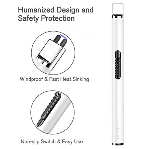 REIDEA USB Candle Lighter, Windproof Flameless Electronic Rechargeable with Safety Protector Button for Home Candle Outdoor Activities (White) - Thumbnail 2