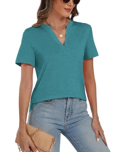 YESTTO Womens V Neck Summer Tops Short Sleeve T Shirts Loose Fit Casual Tee Trendy Basic Tops Lightweight Breathable Fashion Clothes 2026 Cyan - Thumbnail 2