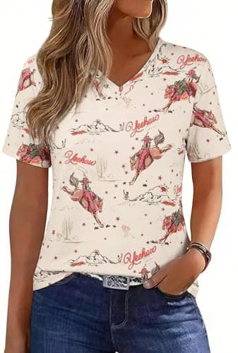 Western Shirts for Women Boho Cow Skull V Neck Tops Retro Cowgirl Rodeo Outfits Vintage Cowboy Graphic Tees - Image 1
