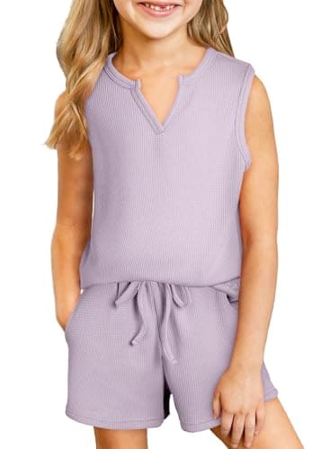 blibean Tween Girls Summer Clothes Sets Big Kids Sleeveless Outfits Teen Cute Waffle 2 Piece Matching Clothing Easter Dress Shirt Tops Shorts School Rompers Size 8-9 Years Old Purple - Image 1