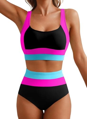 Herseas Women's Bikini Sets Color Block U Neck Wireless Padded Swimsuits Adjustable Wide Straps Two Piece Flattering Bathing Suit Athletic 2026 Beach Vacation Essentials Rose Red XX-Large - Image 1