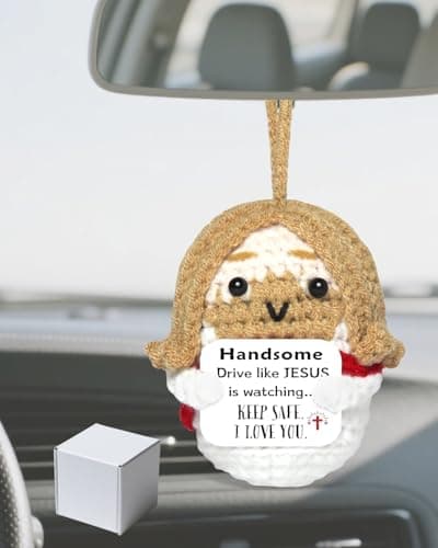 Easter Basket Stuffers for Men Driver: Crochet Little Jesus Christian Gifts Handmade Car Decors with 'Keep Safe' Cards Rearview Mirror Hanging Accessories, Catholic Religious Husband Him Gift Ideas - Image 1