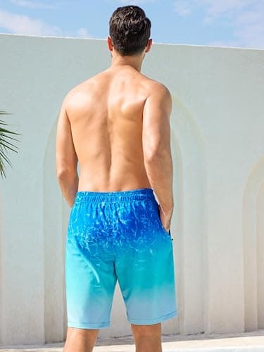 SILKWORLD Mens Swim Trunks with Compression Liner Quick-Dry 9" Stretch Beach Shorts, Blue Ripple, X-Large - Thumbnail 3