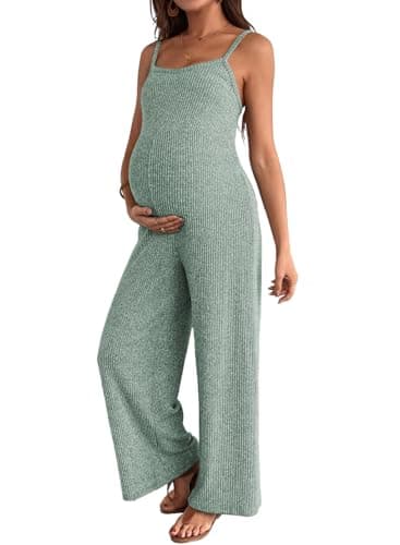 BLENCOT Women's Jumpsuits Casual Ribbed Adjustable Strap Sleeveless Wide Leg Long Pants Maternity Jumpsuit Light Green Small - Image 1