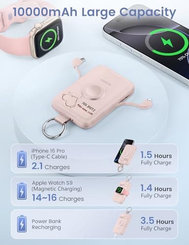 RORRY CharmGo Portable Charger, 10000mAh 20W Fast Charging Portable Charger Power Bank with Built in Cables, Travel Battery Pack for iPhone 17/16/15/14/13/12 and Apple Watch, Mom-Pink - Thumbnail 5