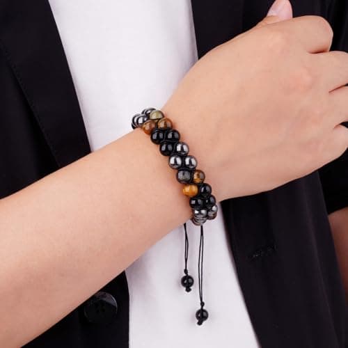 PAKUNDAS Triple Protection Bracelet - Men & Women's Crystal Bracelet with Tiger Eye, Hematite, and Black Obsidian - 8mm Natural Stone Beads Bring Good Luck, Prosperity, Happiness - Thumbnail 6