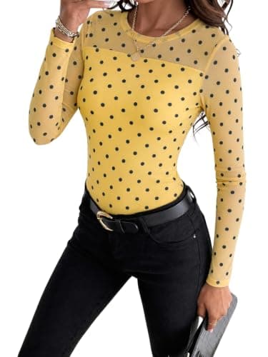Tankaneo Womens Long Sleeve Mesh Tops Y2K Polka Dot Slim Fit Going Out Tees - Image 1