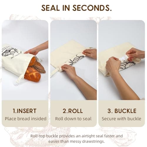 BubFroo 2 Pack Double-Layer Beeswax Sourdough Bread Bags, Reusable Organic Cotton Bread Bag with Detachable Beeswax Liner & Roll-top Buckle, Keeps Homemade Loaves Fresh Longer, XL Capacity - Thumbnail 5