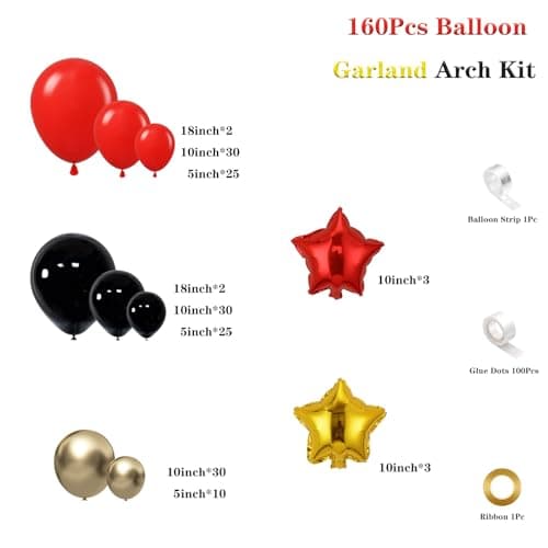 Red Gold Black Balloon Garland Arch Kit, 160Pcs Black Red Gold Latex Balloons with Star Foil Balloons for Anniversary Casino Night New Years Hollywood Movie Night Birthday Party Decorations - Thumbnail 2