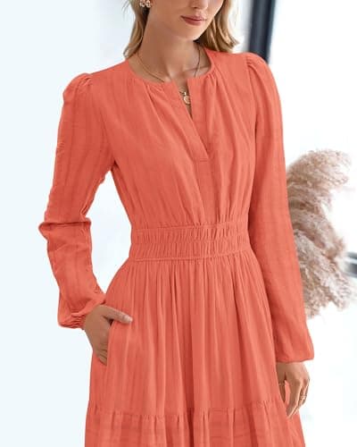 BTFBM Spring Dresses for Women 2026 Casual Long Sleeve V Neck Elastic Waist Lightweight Maxi Wedding Guest Dress Pockets(Orange, X-Large) - Thumbnail 6