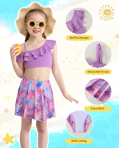 Girls Swimsuit Toddler Bathing Suit Size 6 7 Kids Swimsuits with Skirt Cute Ruffle One Shoulder Mermaid Swimming Little Girl Bikini Sets Summer Outfit - Thumbnail 4