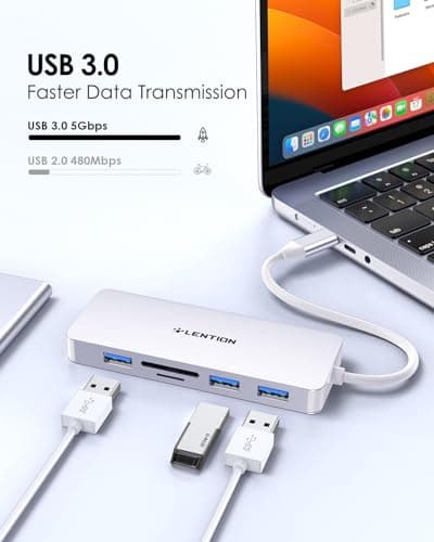 LENTION 5 in 1 USB to USB-C Adapter with Micro SD/SD Card Reader for iPhone, 4K@30Hz HDMI to USB C Hub Multiport Adapater with 3 USB 3.0 Compatible with 2025-2018 MacBook Pro/Air MacBook Neo(Silver) - Thumbnail 3
