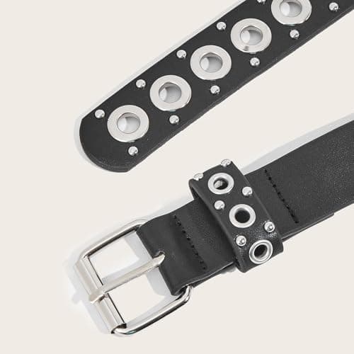 EONTISO Women Studded Leather Belt for Jeans, Punk Rock Silver Grommets Rivets, Black S - Thumbnail 4