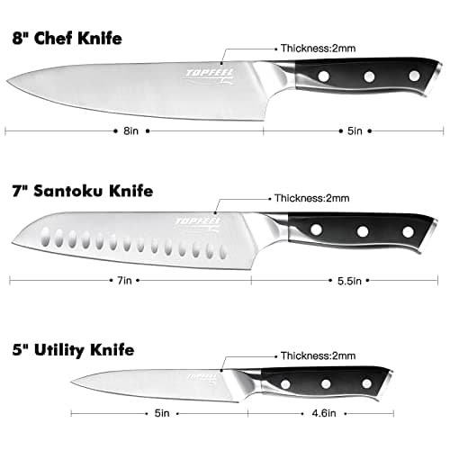 Topfeel Professional Chef Knife Set Sharp Knife, German High Carbon Stainless Steel Kitchen Knife Set 3 PCS-8" Chefs Knife &7" Santoku Knife&5" Utility Knife, Knives Set for Kitchen - Thumbnail 5