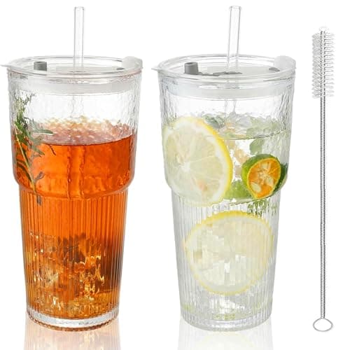 Colnic 2PCS 20oz Glass Cups with Lids and Straws, Iced Coffee Cups with Lids, Stylish Ribbed Thick Drinking Glasses Tumbler for Juice, Smoothies, Cold Beverages, Cute Cup Gifts with Clean Brush - Image 1