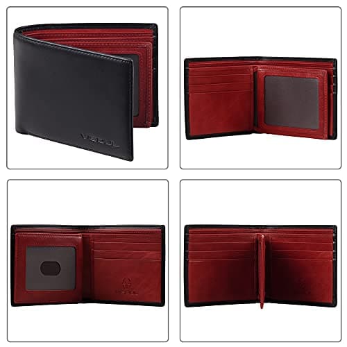 VISOUL Mens Bifold Wallet with 2 ID Windows and 2 Money Compartments, Genuine Leather Designer Wallet with RFID Blocking for Men Two Tone (Black and Burgundy) - Thumbnail 3