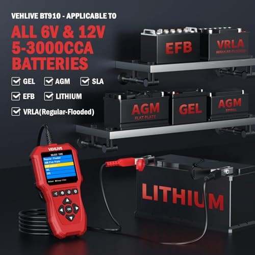 Car Battery Tester 6V 12V with Lithium Battery Testing, VEHLIVE BT910 5-3000CCA Battery Load Tester, Automotive Alternator Tester Charging Cranking System Tester for Car Truck Motorcycle SUV ATV Boat - Thumbnail 3