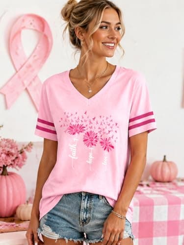 QIXYN Breast Cancer Shirts for Women Pink Ribbon Cancer Survivor Shirt - Thumbnail 3